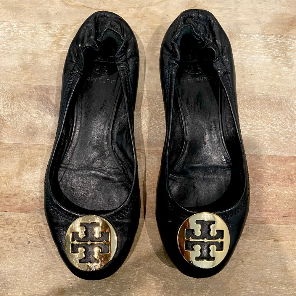 Black and Gold Tory Burch Minnie Ballet Flats
